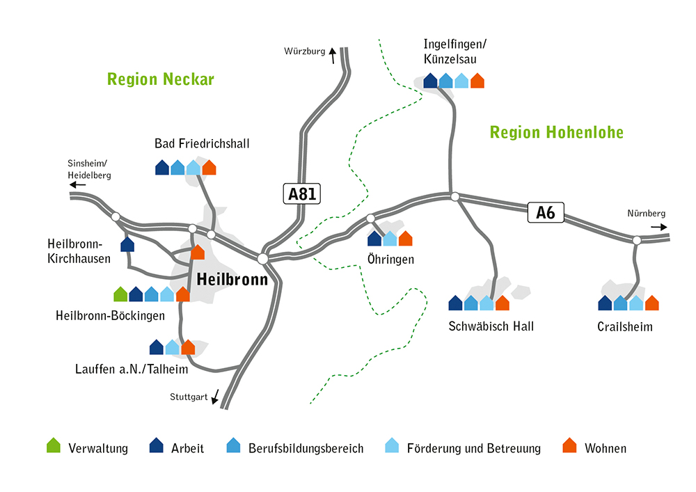 Karte von Heilbronn und Umgebung mit den einzelnen Standorten der LebensWerkstatt.