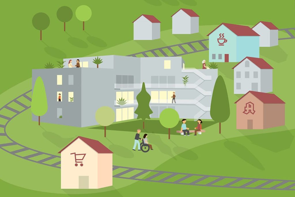 Moderne Nachbarschaft mit Wohngebäuden, Krankenhaus, Café und Apotheke. Menschen draußen, Pflanzen dekorieren den Raum.