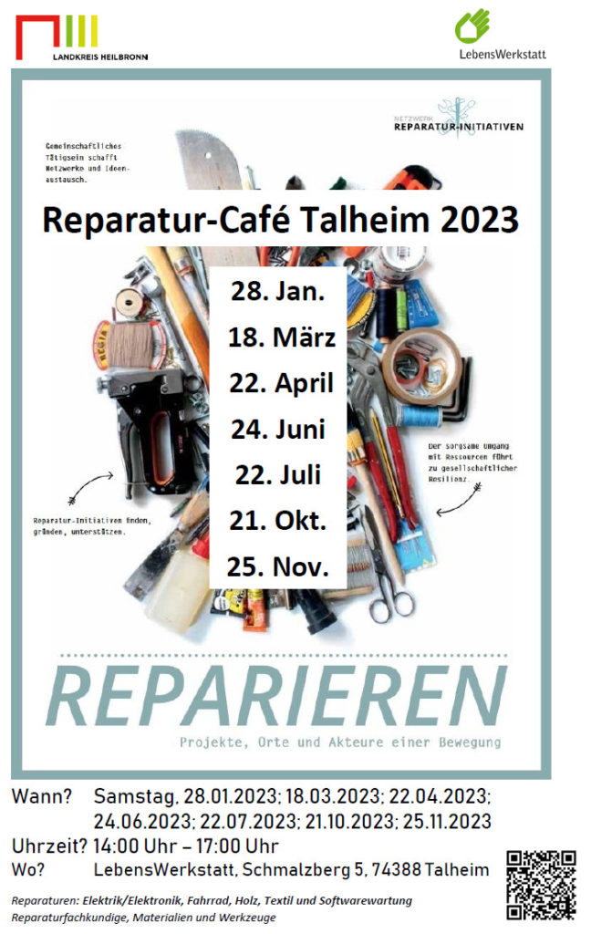 Reparatur-Café Talheim 2023: Treffen an mehreren Samstagen zur Reparatur von Geräten in LebensWerkstatt.