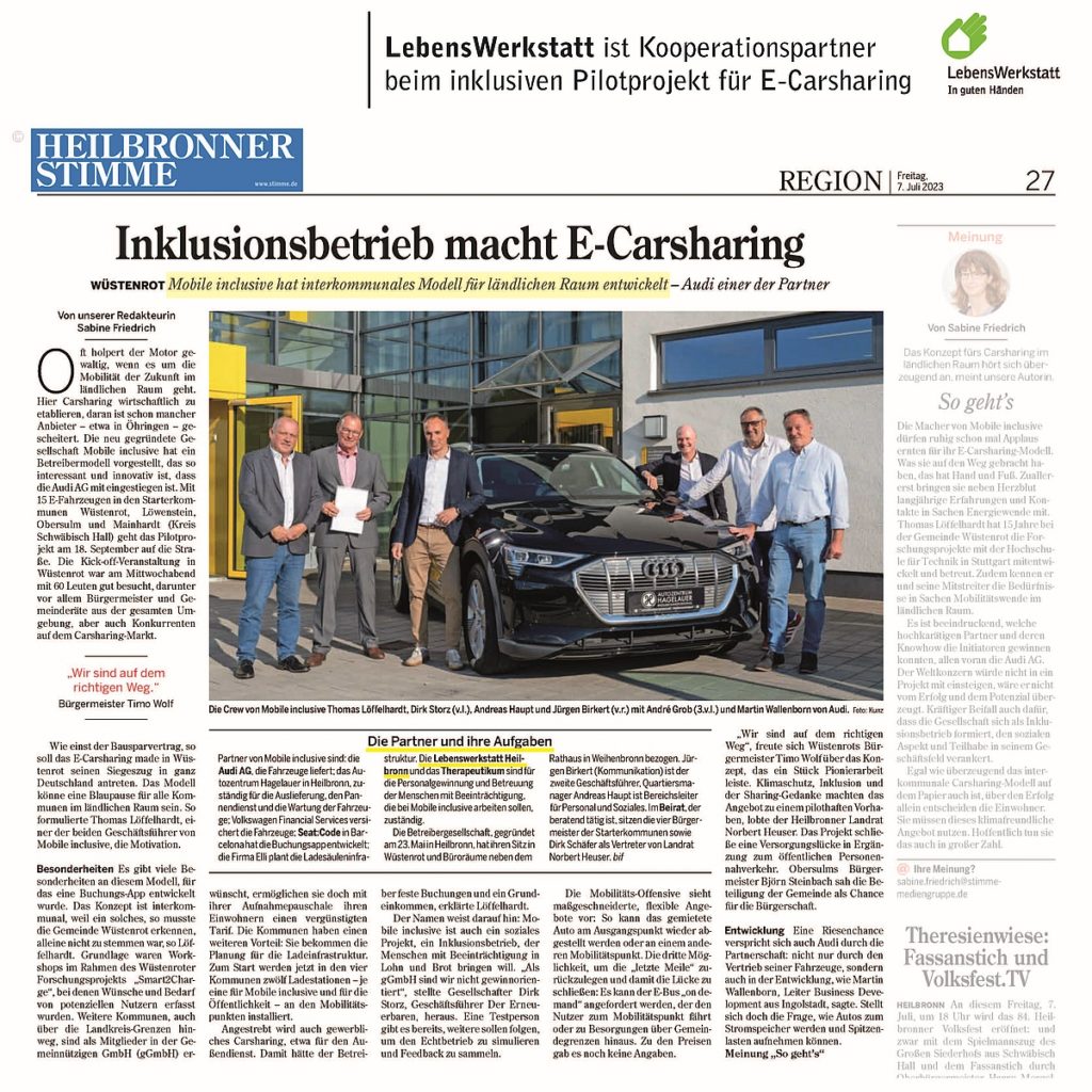 E-Carsharing im ländlichen Raum – LebensWerkstatt ist Kooperationspartner