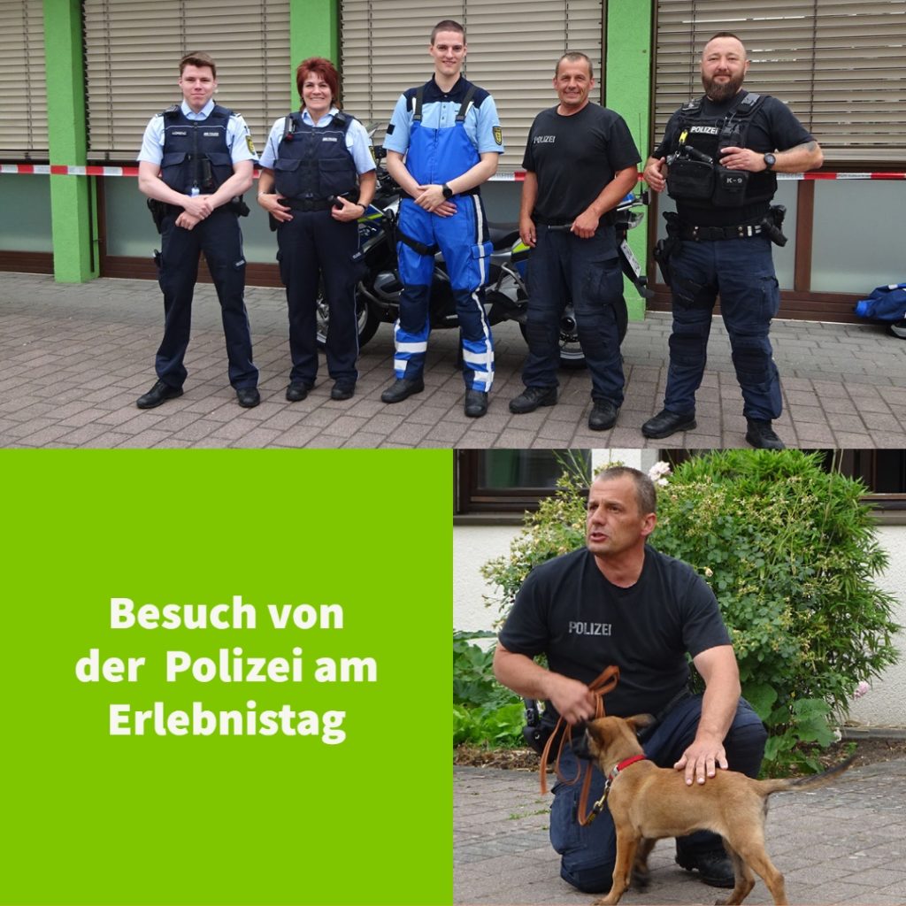 Polizisten am Erlebnistag mit Hund und Motorrad, Gruppenfoto vor einem Gebäude, Text: Besuch von der Polizei.
