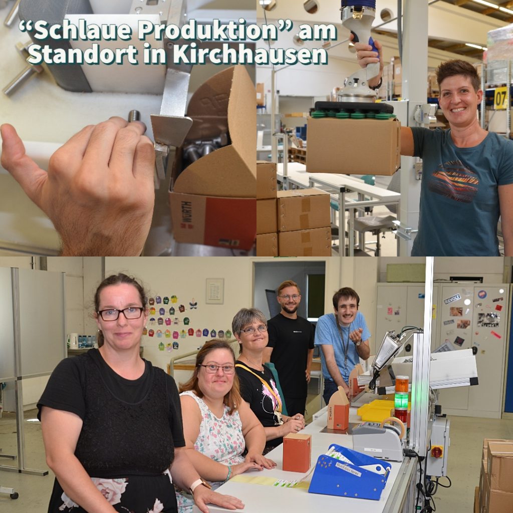 Mitarbeiter und Maschinen in der Produktion bei Kirchhausen arbeiten effizient und motiviert zusammen.