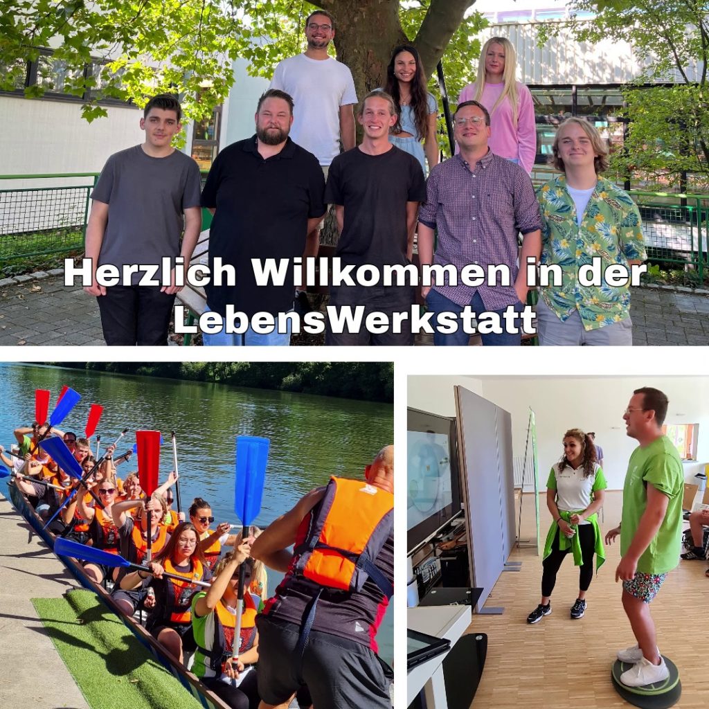 Gruppe bei der LebensWerkstatt mit Aktivitäten: Gruppenfoto, Paddeln auf dem Fluss, und Indoor-Übungen.