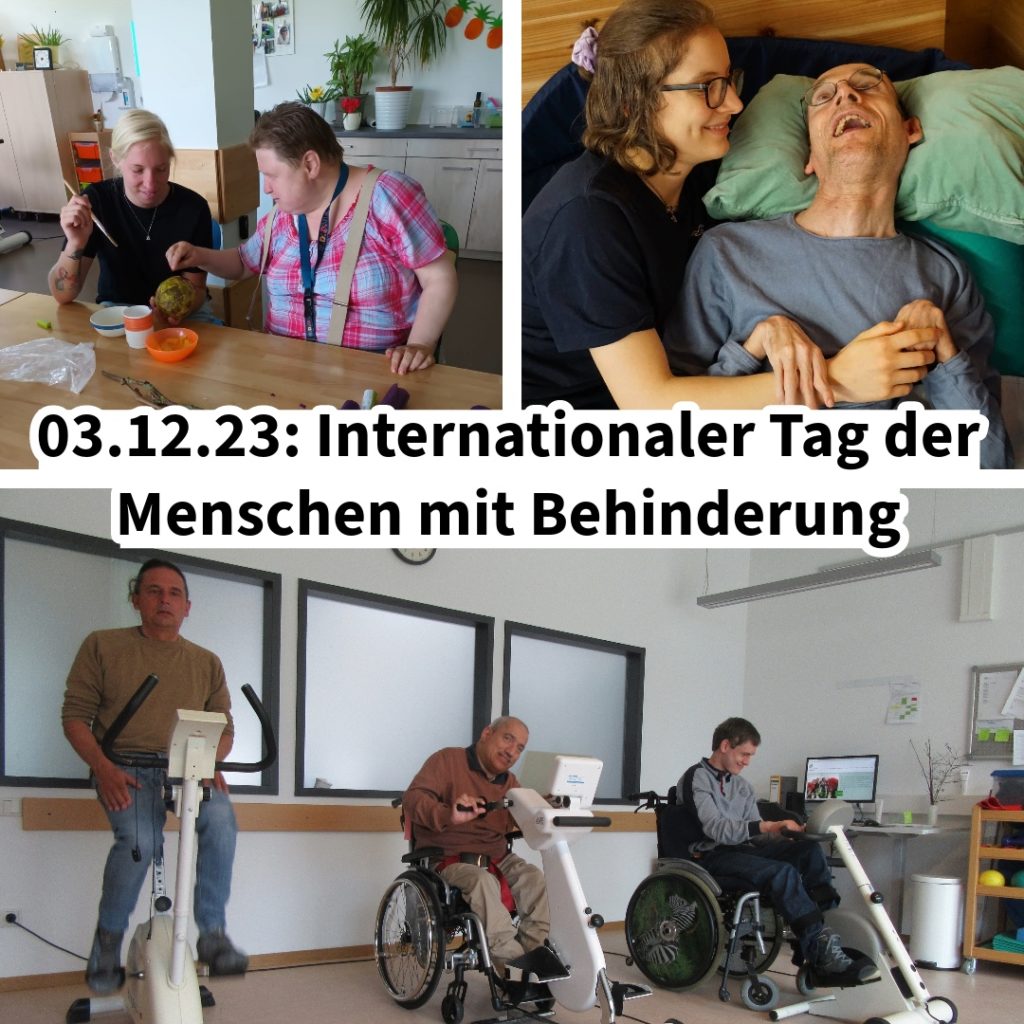Menschen mit Behinderungen bei Aktivitäten, lächelnd und fröhlich. Text: 03.12.23: Internationaler Tag der Menschen mit Behinderung.