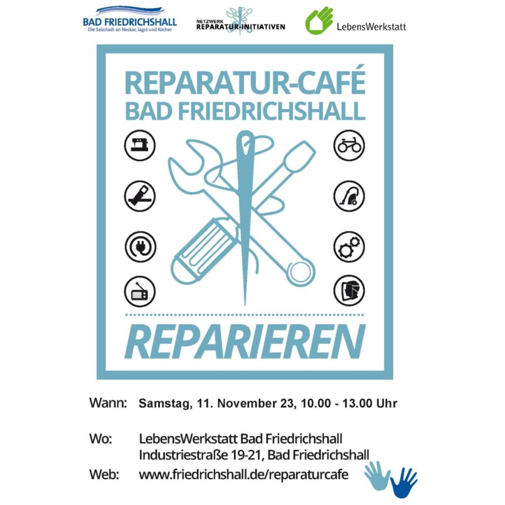 Veranstaltungsplakat für Reparatur-Café Bad Friedrichshall am 11. November 2023 von 10-13 Uhr bei der LebensWerkstatt.