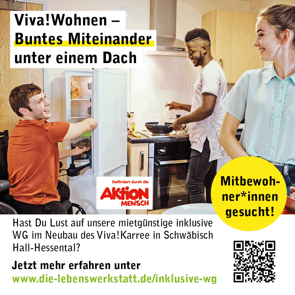 Junge Leute in einer Küche, lachend und kochend. WG-Mitbewohner*innen für inklusives Wohnen gesucht.