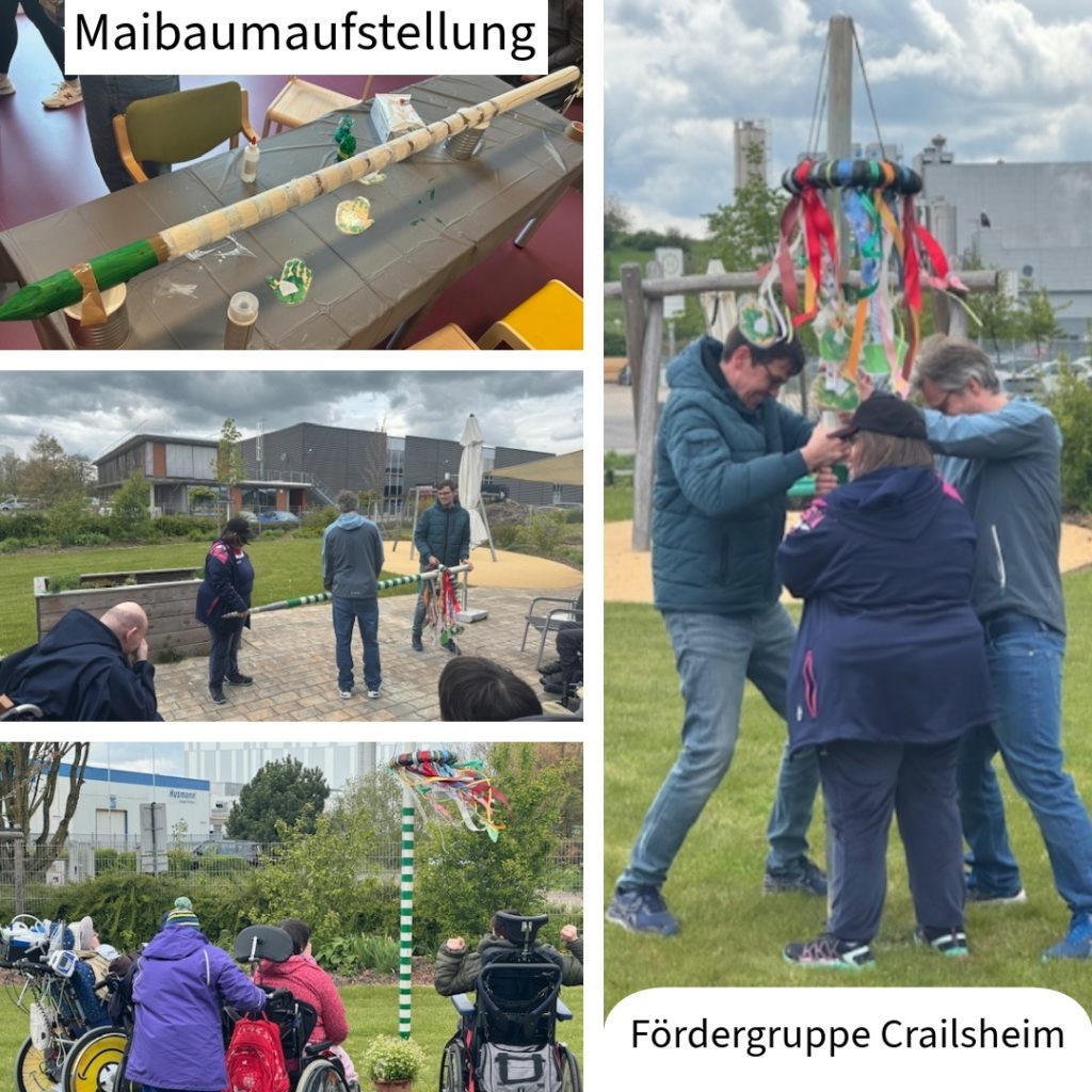 Menschen der Fördergruppe Crailsheim stellen gemeinsam einen Maibaum mit bunten Bändern auf.