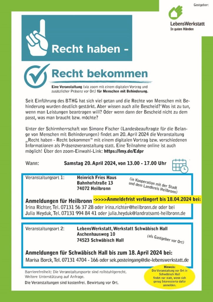 Veranstaltungsplakat: Recht für Menschen mit Behinderung. Termin: 20. April 2024, Heilbronn. Anmeldung bis 18.04.2024.