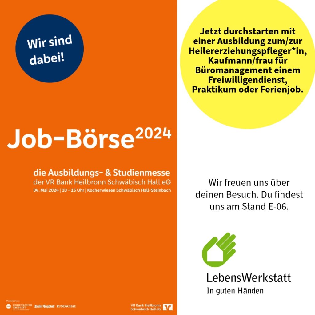 Job-Börse 2024 Flyer: Ausbildungsmesse am 4. Mai in Schwäbisch Hall. Infos zu Ausbildungen, Praktika und mehr. Stand E-06.