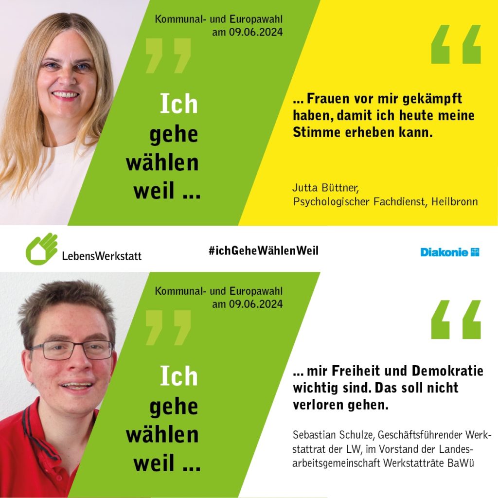 Zwei Menschen erklären, warum sie zur Wahl gehen; Fokus auf Demokratie, Freiheit und Frauenrechte.