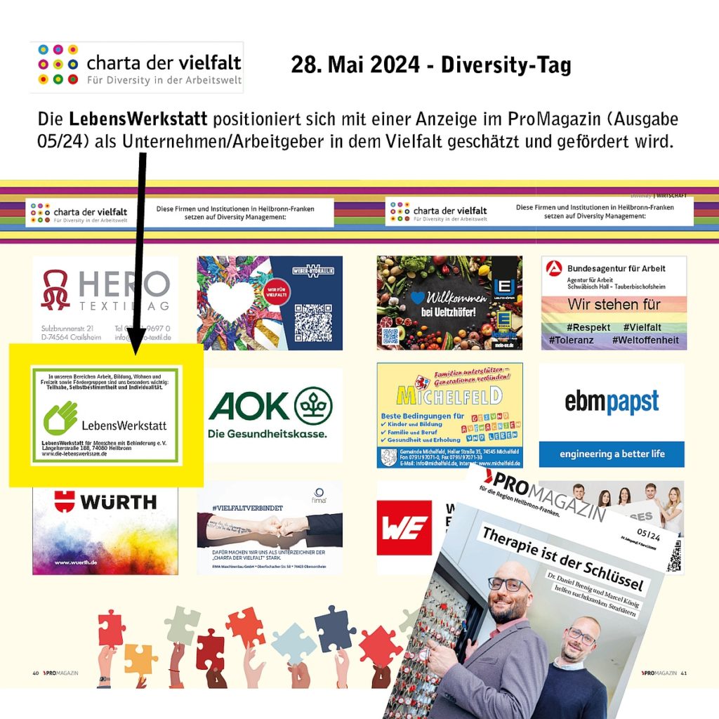 Anzeigen von Unternehmen zum Diversity-Tag 2024 im ProMagazin mit Fokus auf Vielfalt in der Arbeitswelt.