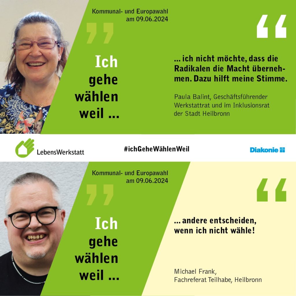 Zwei Personen erklären, warum sie bei der Wahl am 09.06.2024 abstimmen; Teil einer Kampagne von LebensWerkstatt.