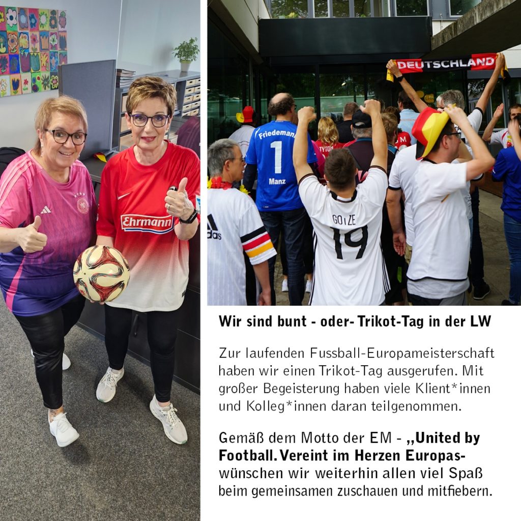 Menschen in bunten Fußballtrikots feiern Trikot-Tag im Büro; Freude über Fußball-Europameisterschaft.