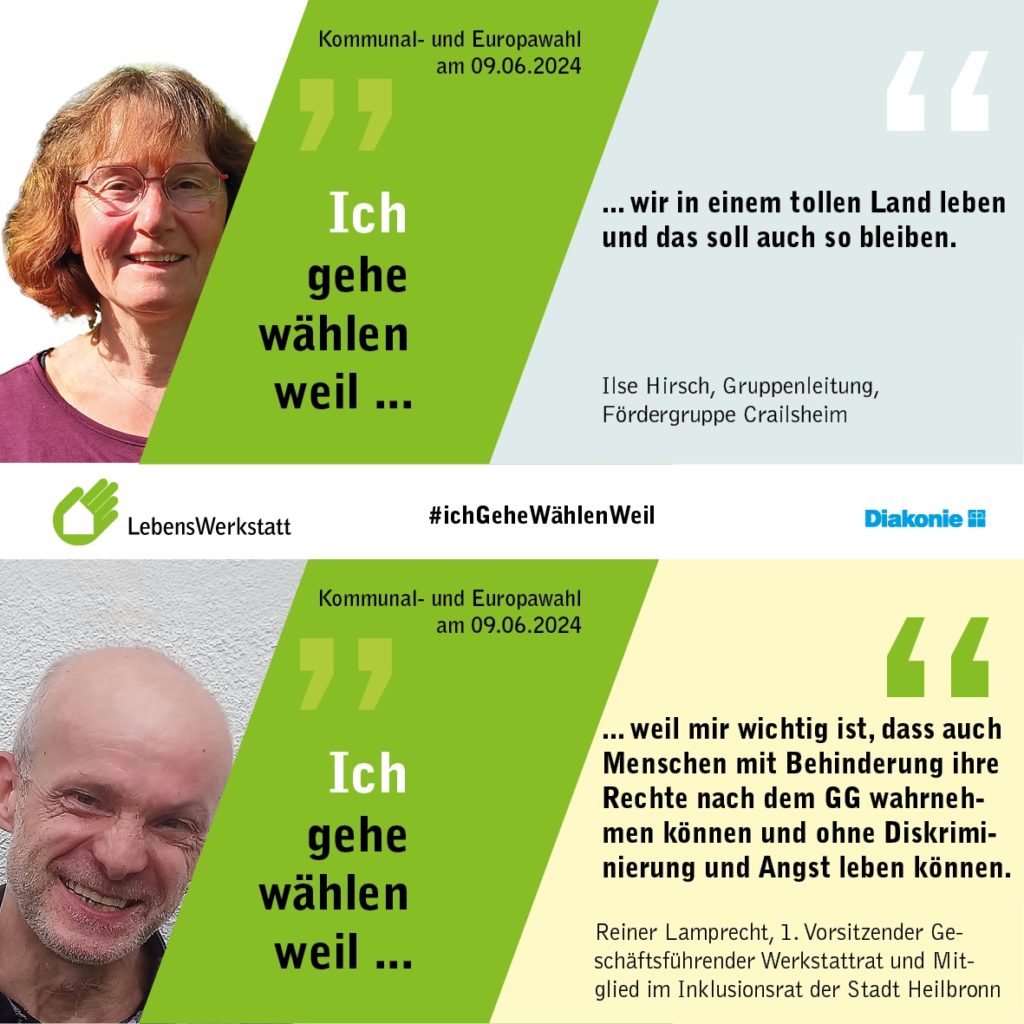 Zwei Personen erklären, warum sie zur Wahl gehen; zentrale Botschaften zu Demokratie und Inklusion.