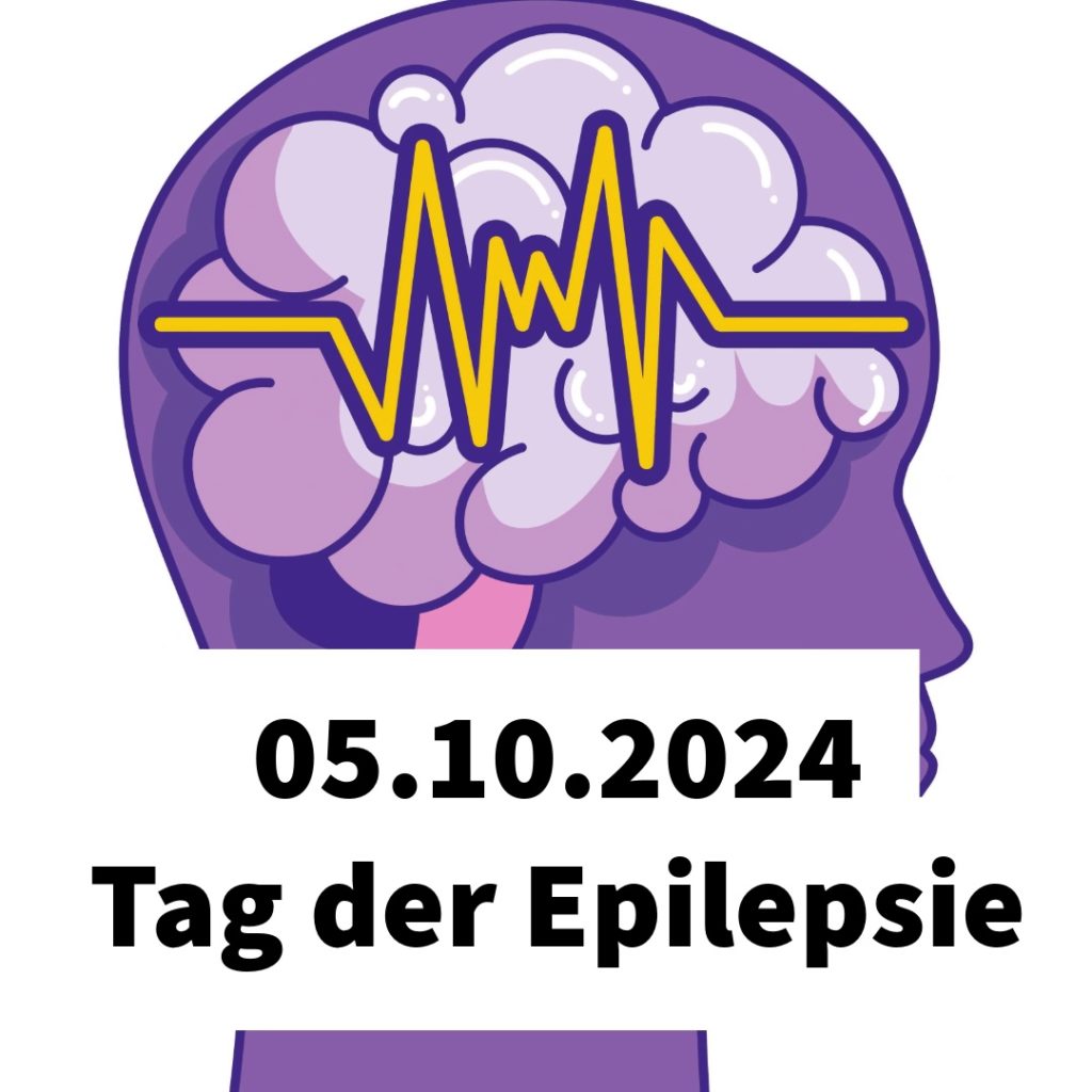 Grafik mit Gehirn und Herzschlaglinie, beschriftet mit 05.10.2024 Tag der Epilepsie.