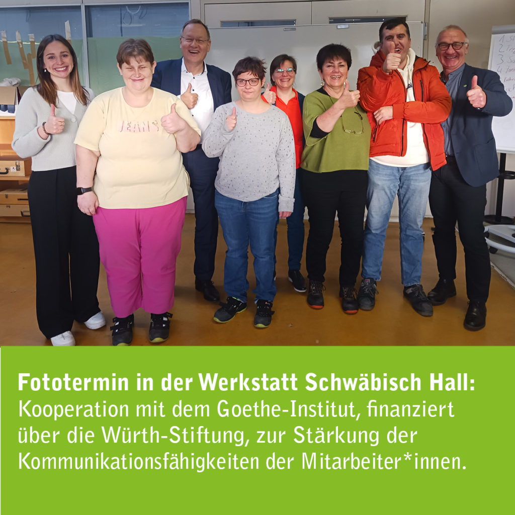 Auf dem Foto von links nach rechts: Sina Braun, Nicole Mayer, Johannes Schmalzl Vorstand Würth-Sitftung, Jennifer Fitz, Svenja Hecklau-Brümmer Institutsleitung Goethe-Institut, Carmen Förtsch Leitung des Deutschkurses in der Werkstatt, Sazan Berisha und Helmut Braun