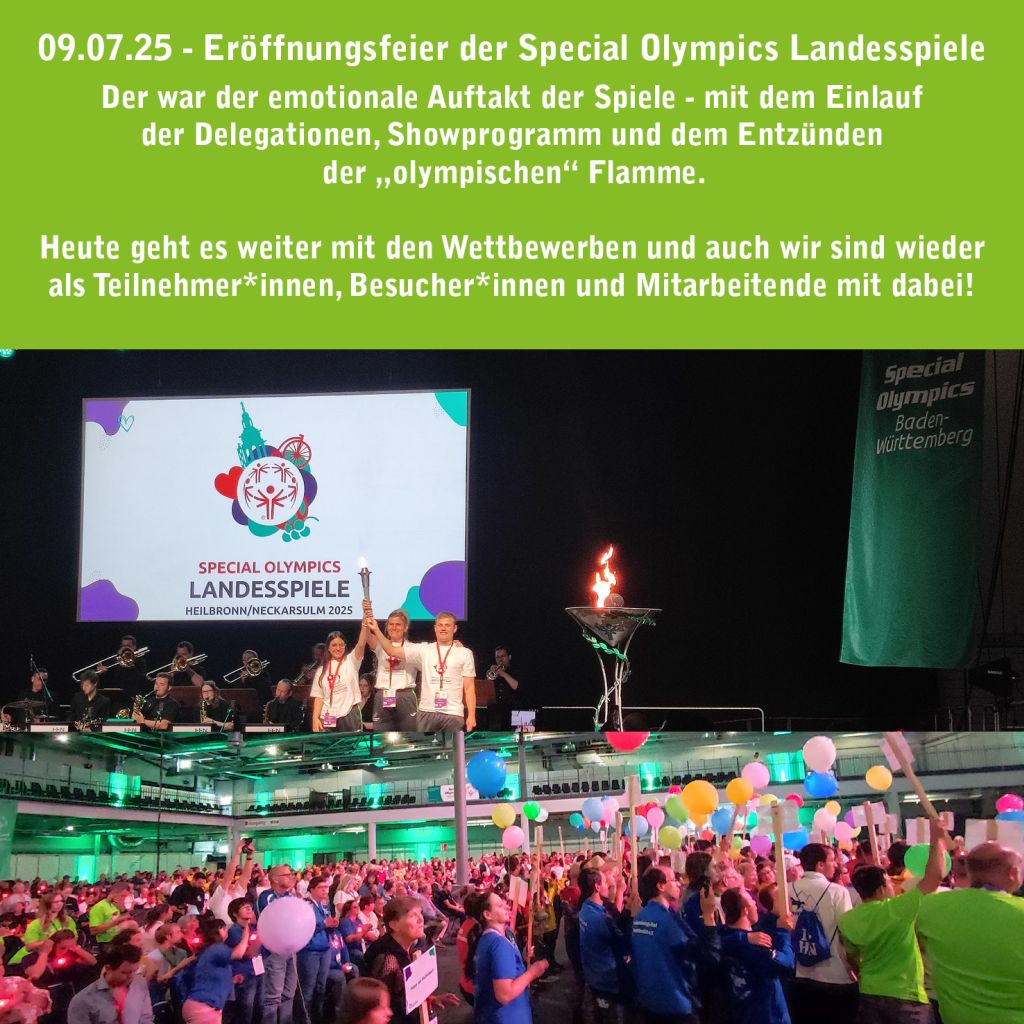 Eröffnungsfeier der Special Olympics 2025 mit olympischer Flamme, Showprogramm und jubelndem Publikum in bunter Halle.