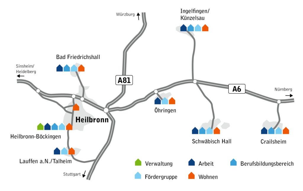Karte mit Standorten der LebensWerkstatt