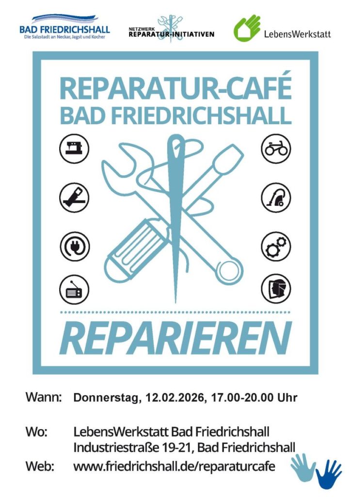 Logo des Reparatur-Cafés in Bad Friedrichshall, Informationen zur Veranstaltung am 12.02.2026, Werkzeug-Symbole.