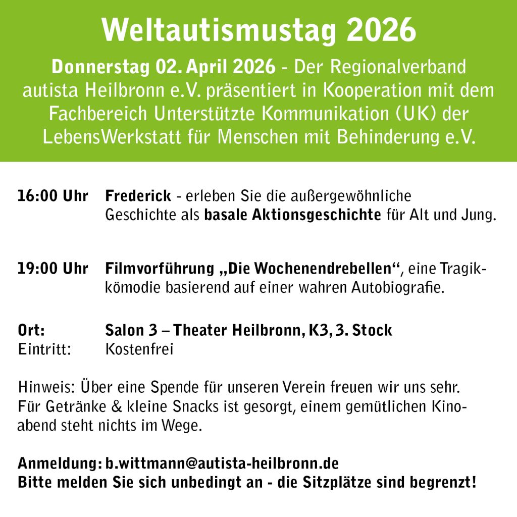 Einladung zum Weltautismustag 2026 in Heilbronn mit Film und Lesung. Eintritt frei, Snacks erhältlich.