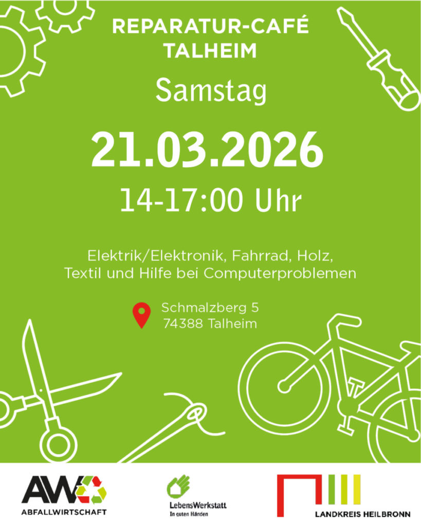 Einladung zum Reparatur-Café in Talheim am 21.03.2026, von 14-17 Uhr. Hilfe bei verschiedenen Reparaturen.