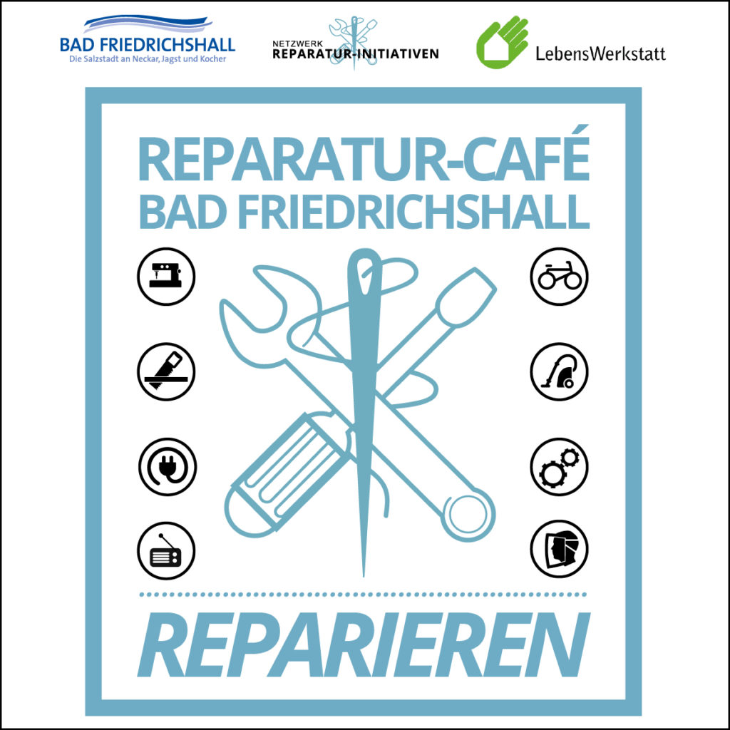 Logo des Reparatur-Cafés in Bad Friedrichshall mit Werkzeug-Symbolen. Hier wird gemeinsam repariert.
