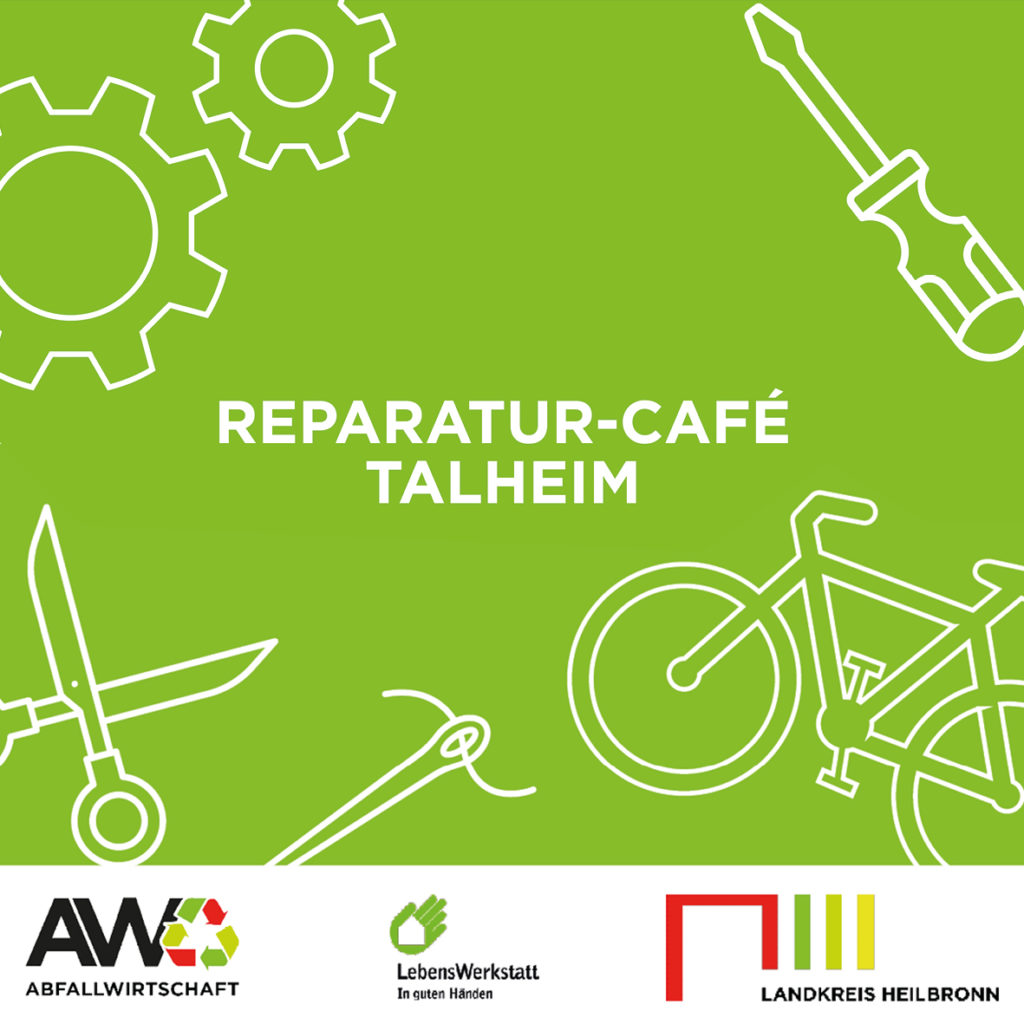 Logo des Reparatur-Cafés Talheim mit Werkzeugen wie Schraubenzieher, Schere und Fahrrad.