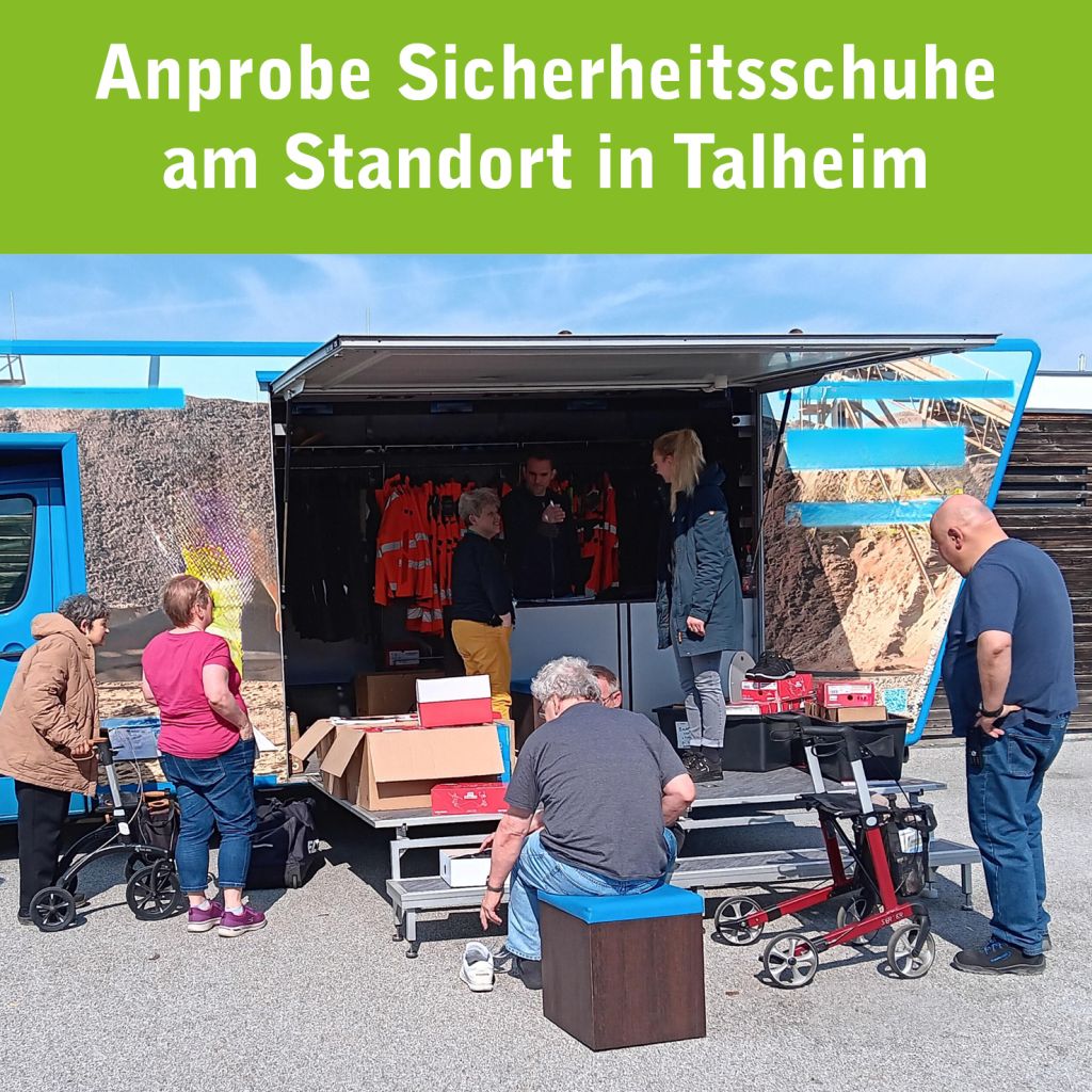 menschen probieren schuhe an und sitzen oder stehen vor einem verkaufsmobil