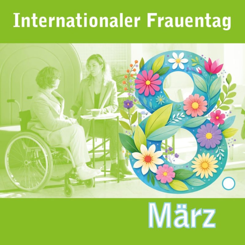 plakat mit blumendeko und zwei frauen im hintergrund die sich unterhalten