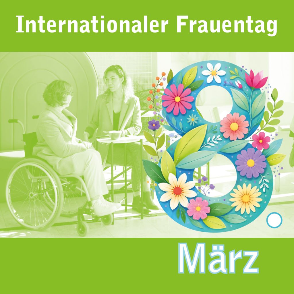 plakat mit blumendeko und zwei frauen im hintergrund die sich unterhalten