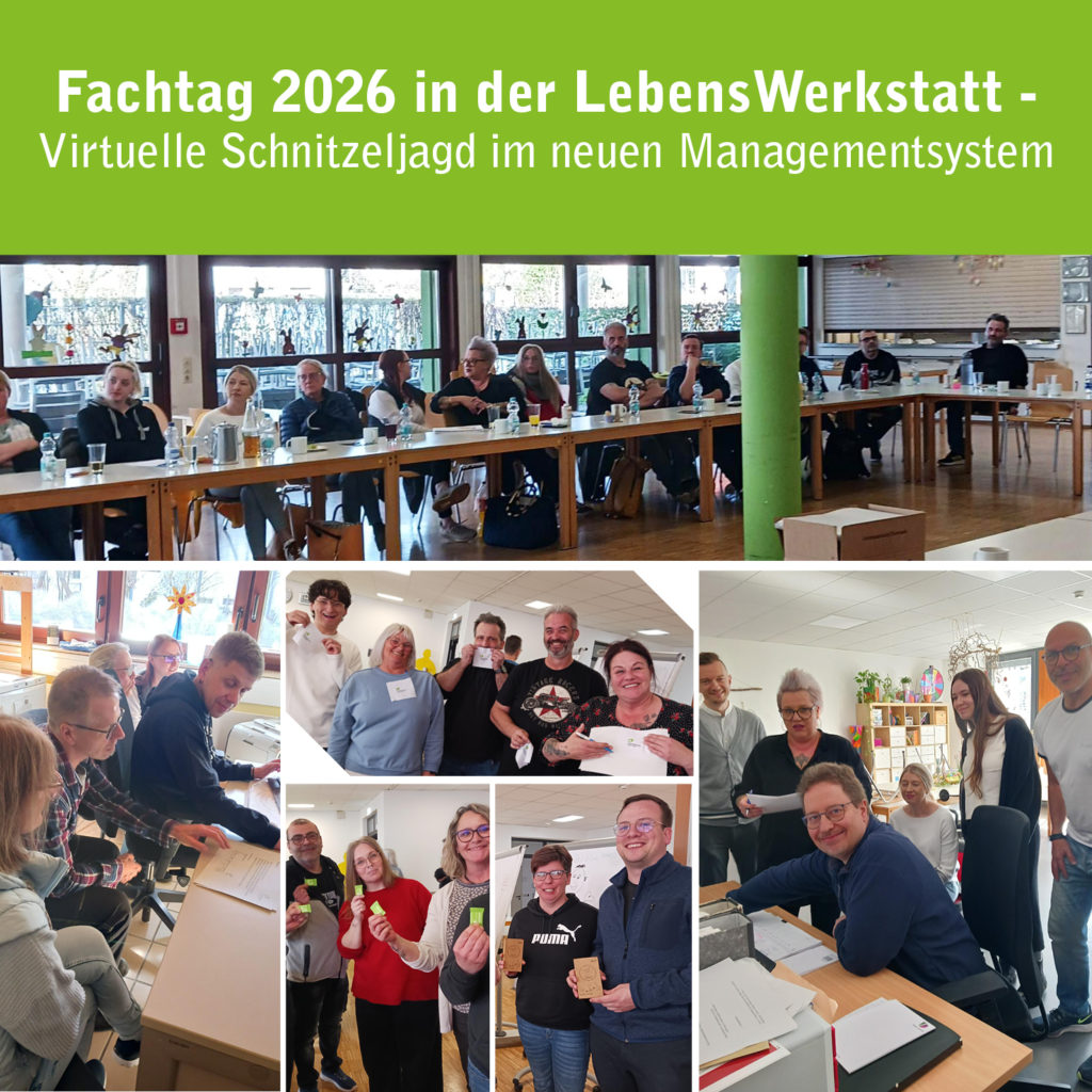 Teilnehmer der Fachtagung 2026 in der LebensWerkstatt bei einer virtuellen Schnitzeljagd in einem modernen Raum.