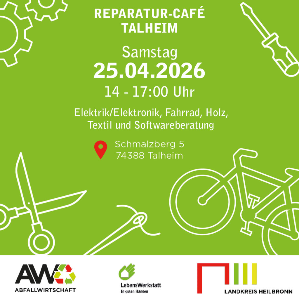 Reparatur-Café in Talheim am 25.04.2026 für Elektronik, Fahrräder, Textilien und mehr.