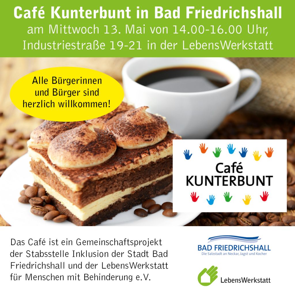 Café Kunterbunt in Bad Friedrichshall lädt am 13. Mai alle Bürger herzlich ein. Kuchen und Kaffee warten!