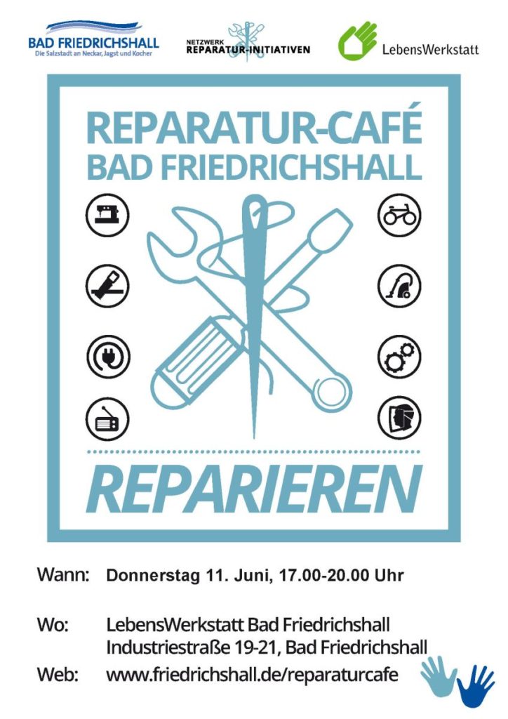 Ein Plakat für ein Repair-Café in Bad Friedrichshall, das Reparaturen von Haushaltsgeräten und Fahrrädern anbietet.