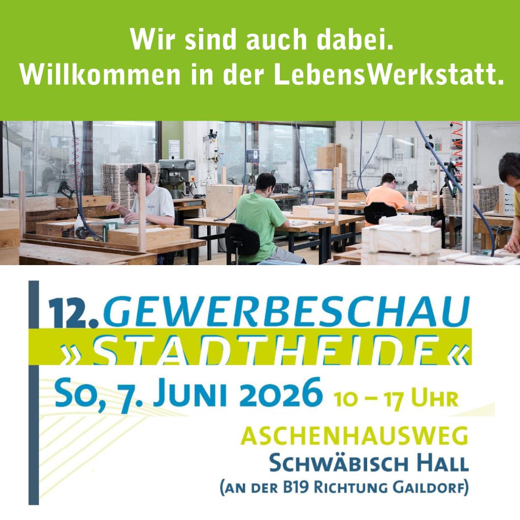 Menschen arbeiten in einer Werkstatt mit Holz und Maschinen. Einladung zur Gewerbeschau Stadtheide 2026.