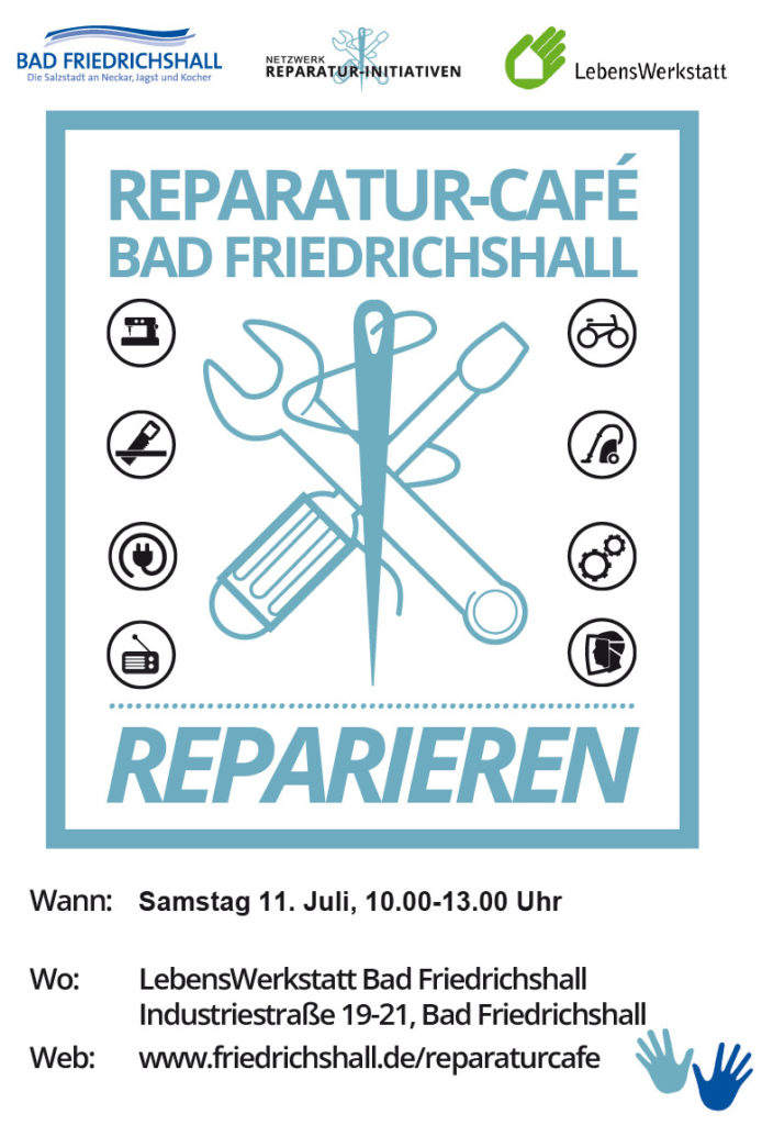 Ein Poster für das Reparatur-Café in Bad Friedrichshall. Es zeigt Werkzeuge und Infos zum Event am 11. Juli.