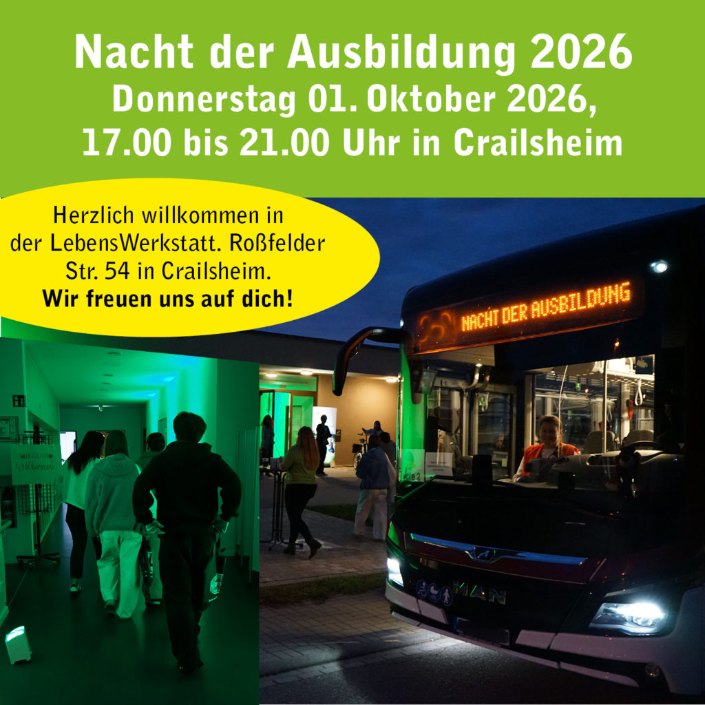 Nacht der Ausbildung 2026 in Crailsheim, mit buntem Bus und Besucher, die zur Veranstaltung kommen.