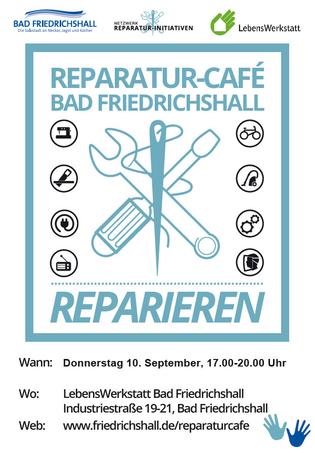 Reparatur-Café in Bad Friedrichshall am 10. September, 17-20 Uhr, für gemeinsame Reparaturen und Nachhaltigkeit.