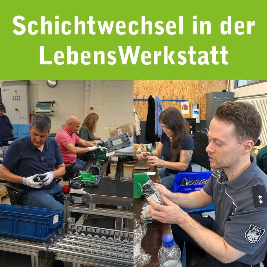 Arbeiter bei einem Schichtwechsel in der LebensWerkstatt, die an verschiedenen Aufgaben arbeiten.