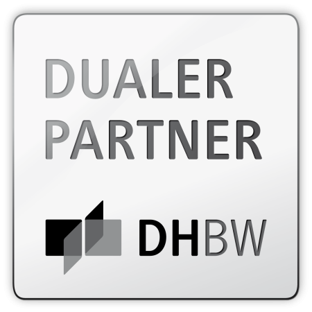 Logo der DHBW als dualer Partner, schwarz-weiß, mit der Aufschrift „DUALER PARTNER“.