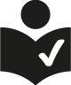 Symbol einer Person mit einem Buch und Häkchen, das Lesen oder Lernen symbolisiert.